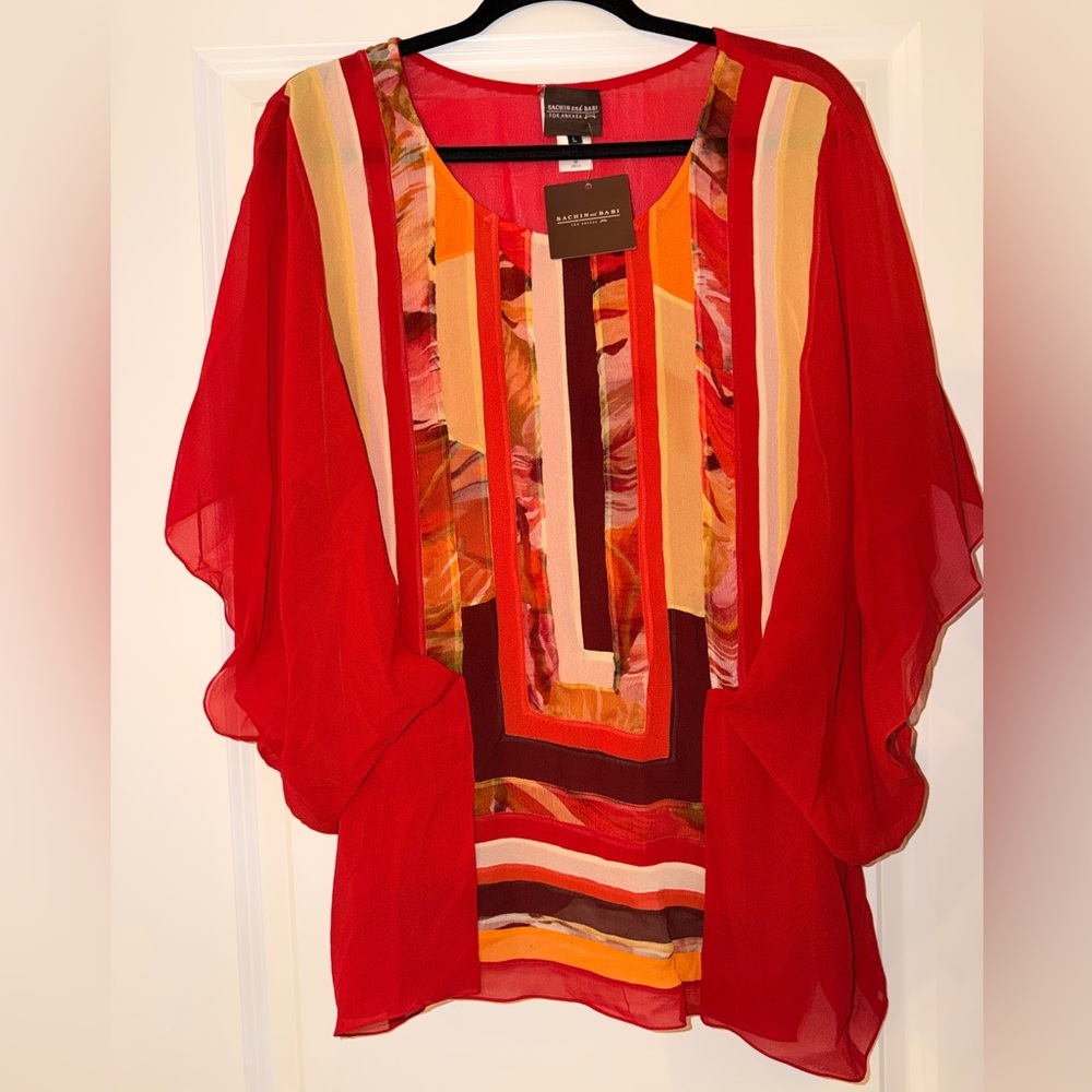 Sachin + Babi Red and Orange Chiffon Blouse - Picture 2 of 7